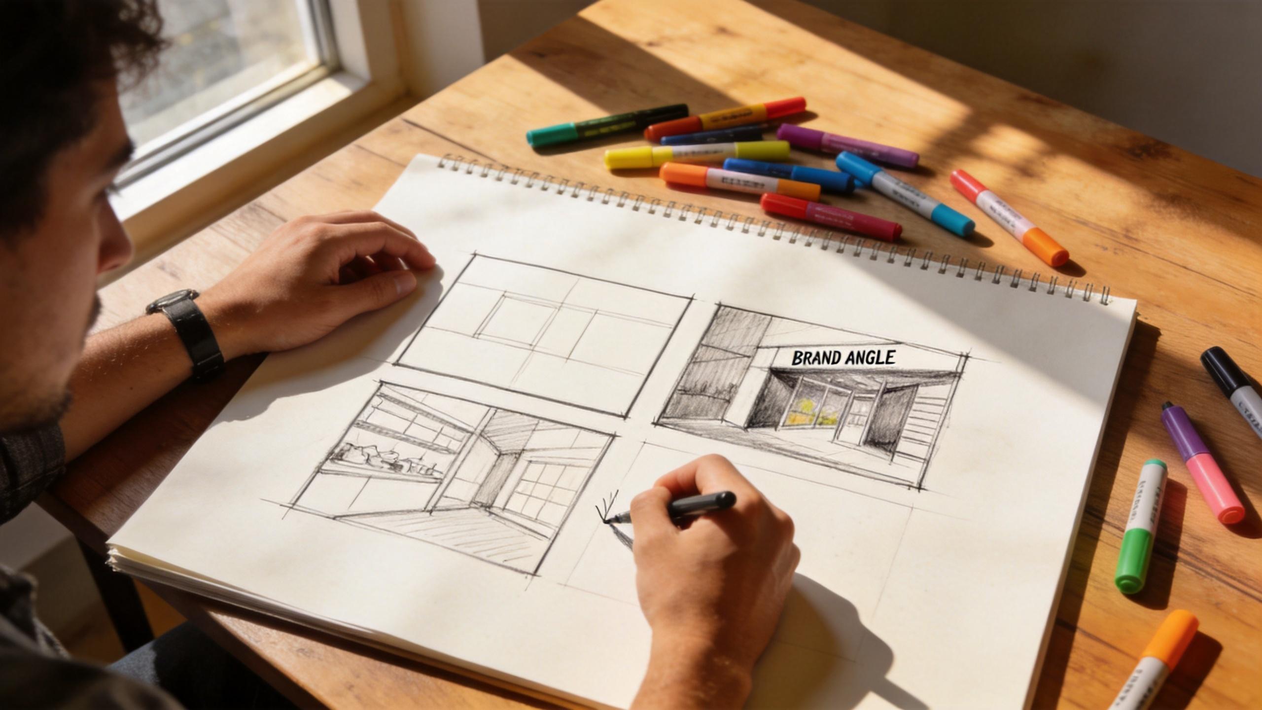 Person sketching brand storefront concepts in a notebook with markers on a table