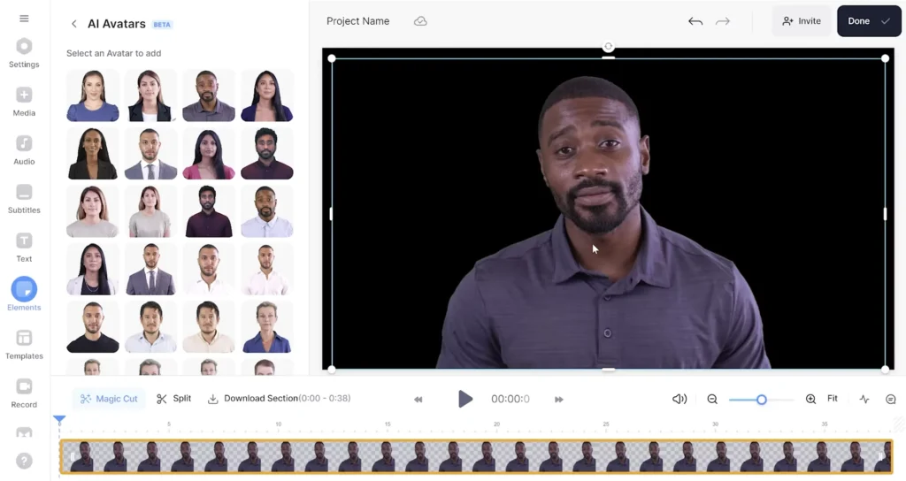 Interface of VEED.IO - an easy to use AI avatar video generator