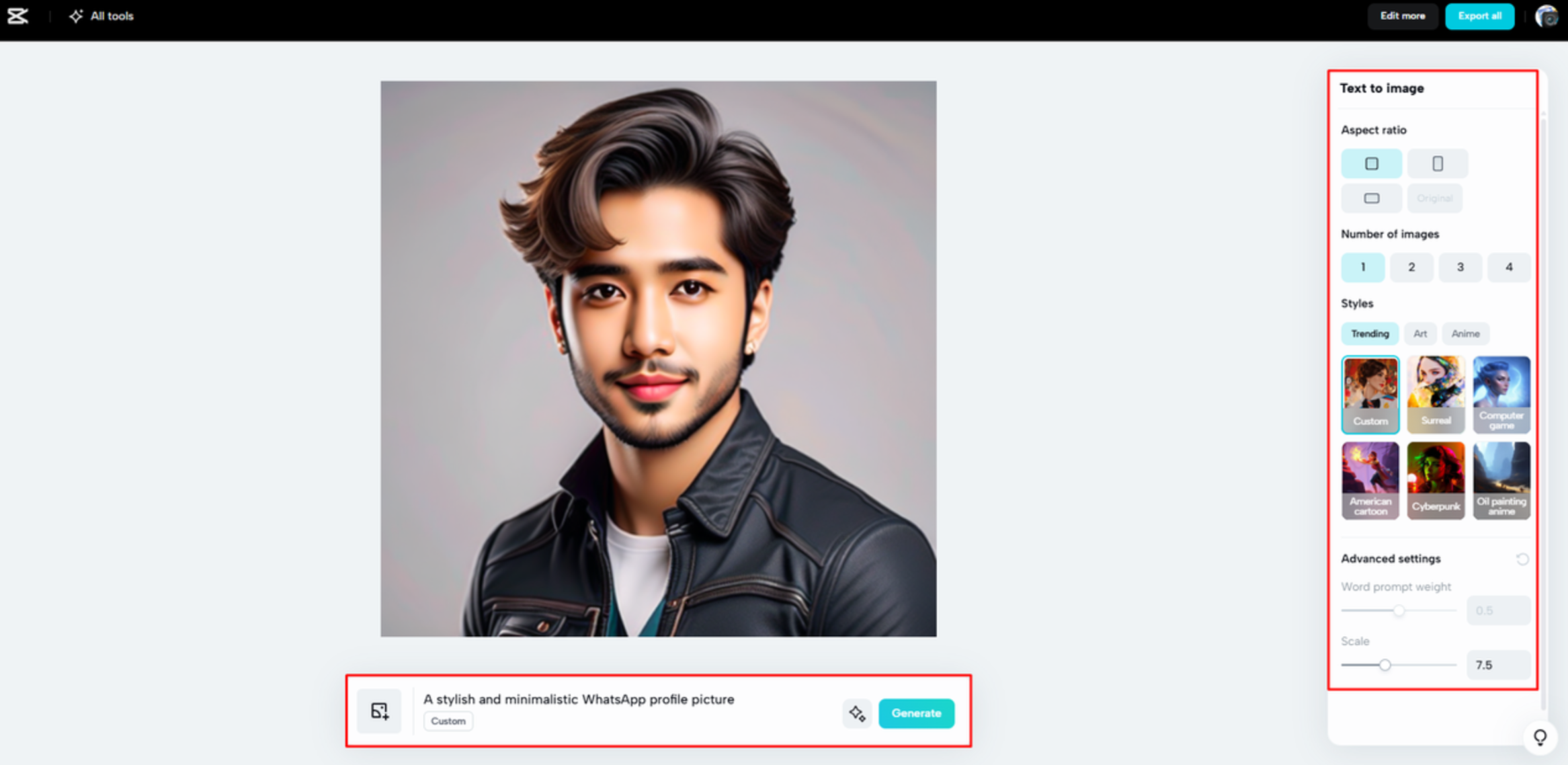 Generating Whatsapp profile picture for boys with AI in CapCut Web