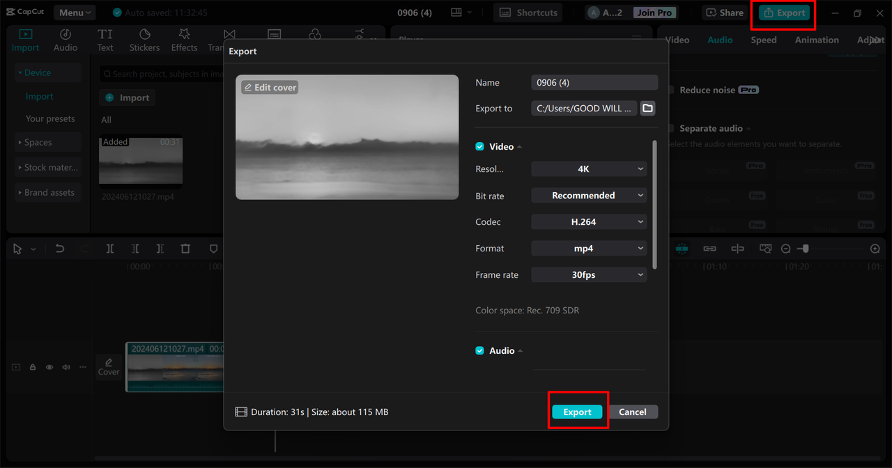 CapCut PC 내보내기