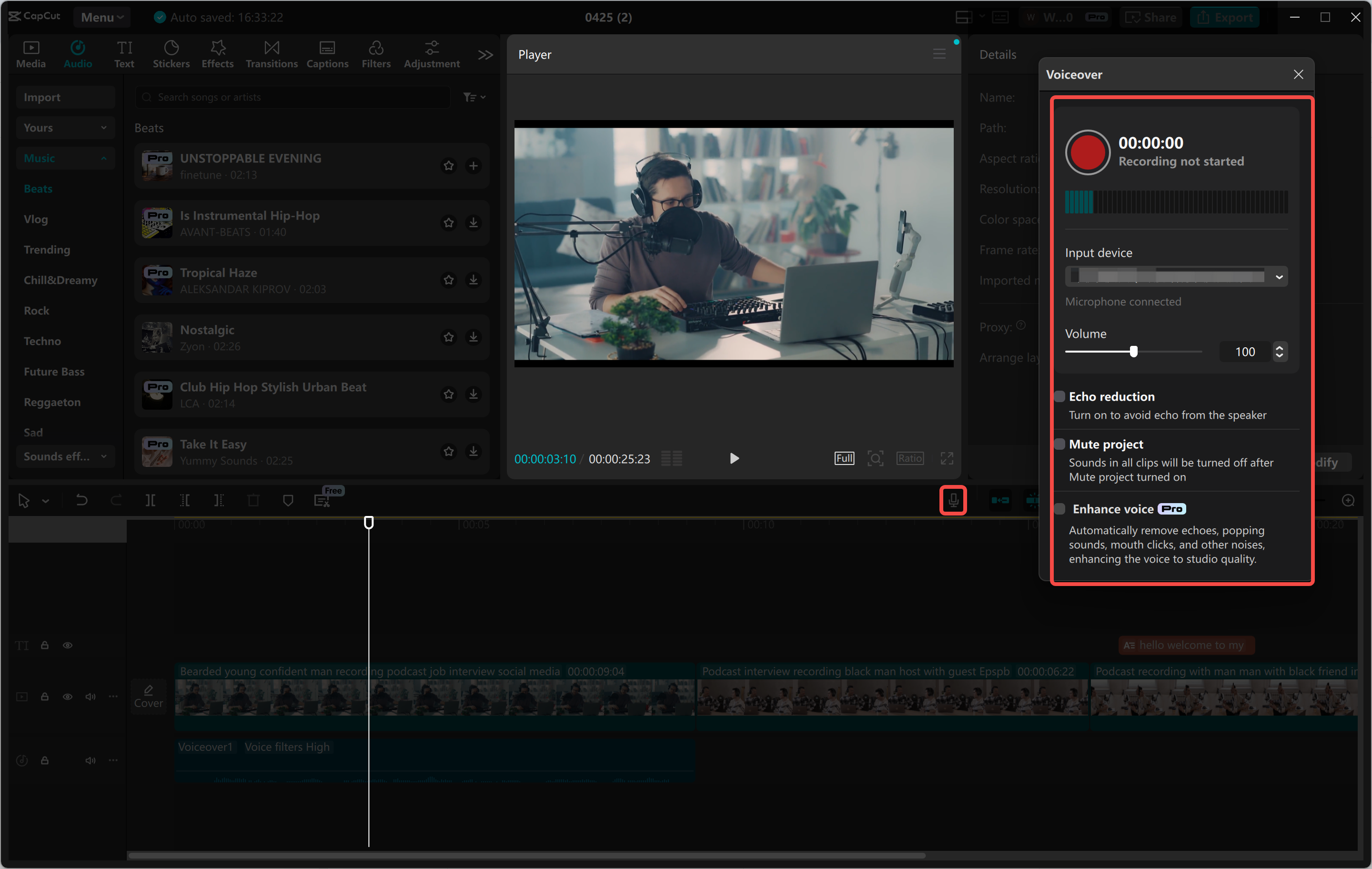 Registrazione audio nell' CapCut editor video desktop