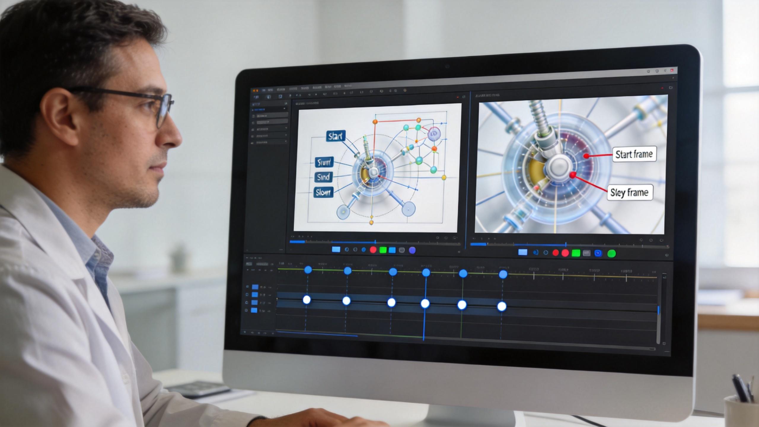 Man editing an educational graphic on a desktop monitor with start and end frame markers