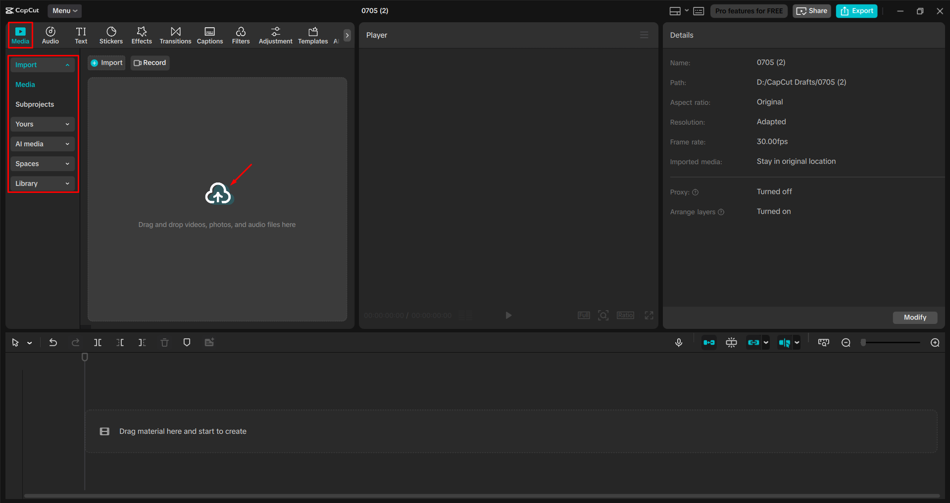 Importing the video into the CapCut desktop video editor
