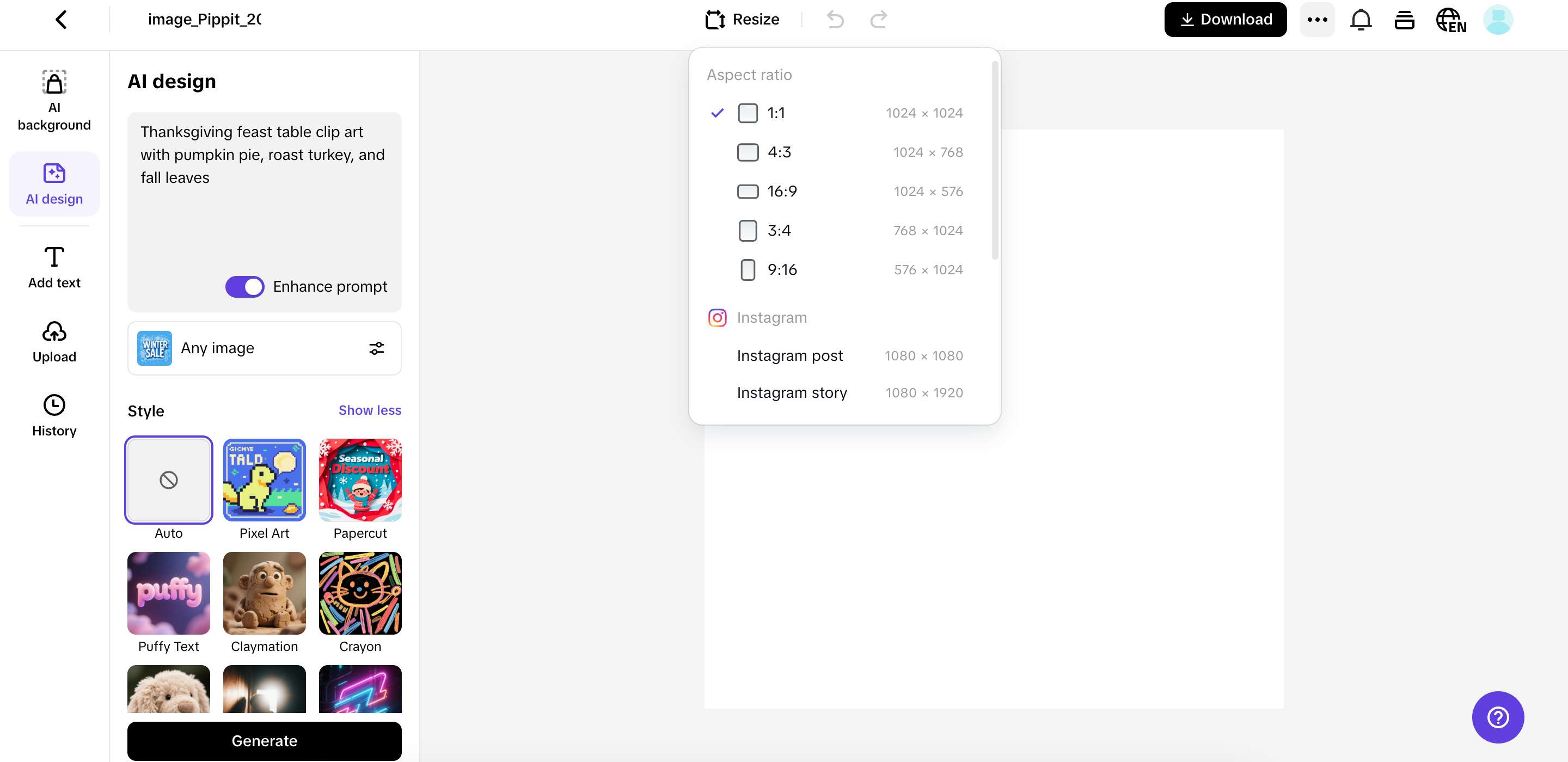 Enter prompt, choose image type and style