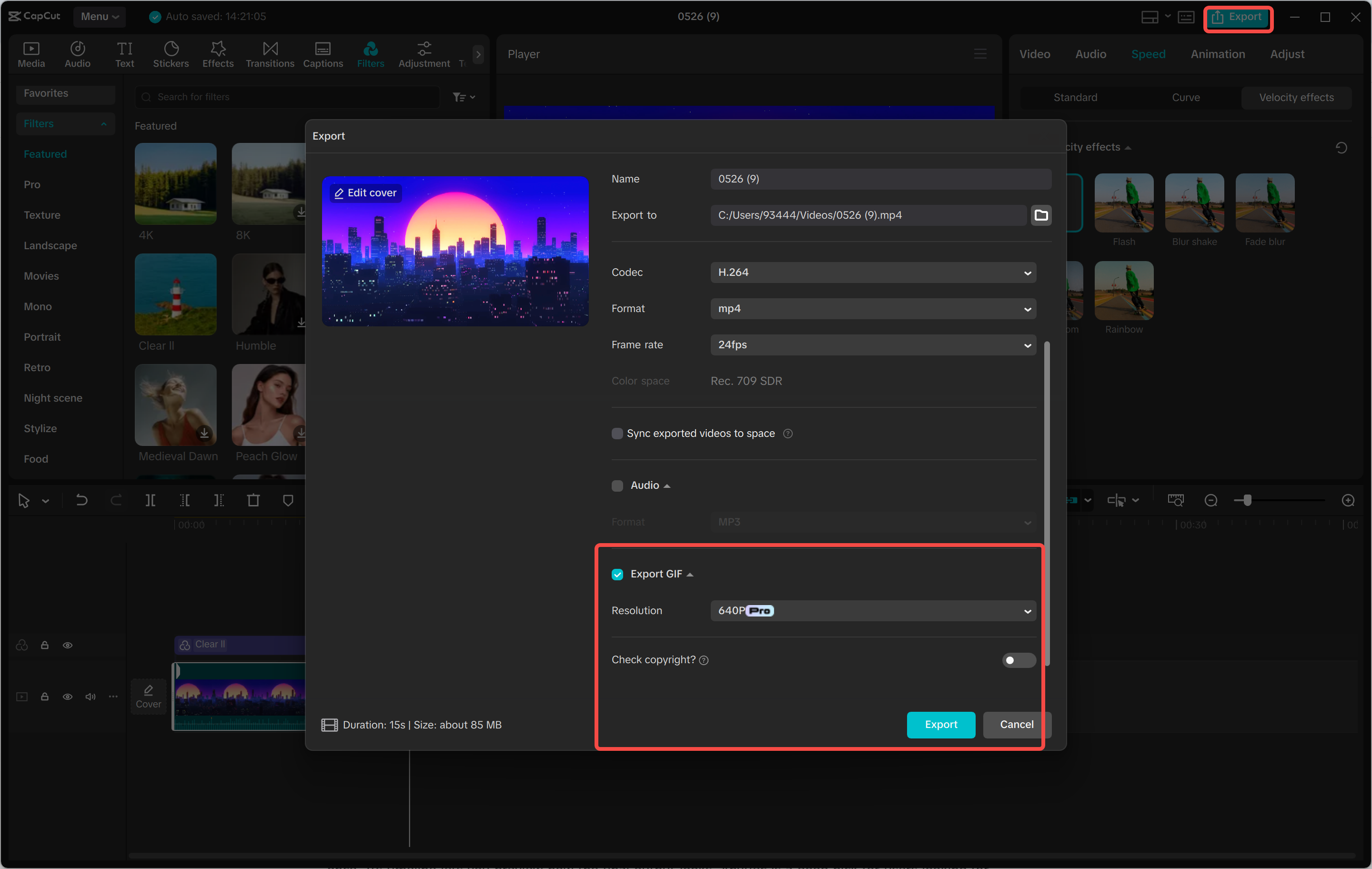 Exportando um GIF do editor de vídeo para desktop CapCut