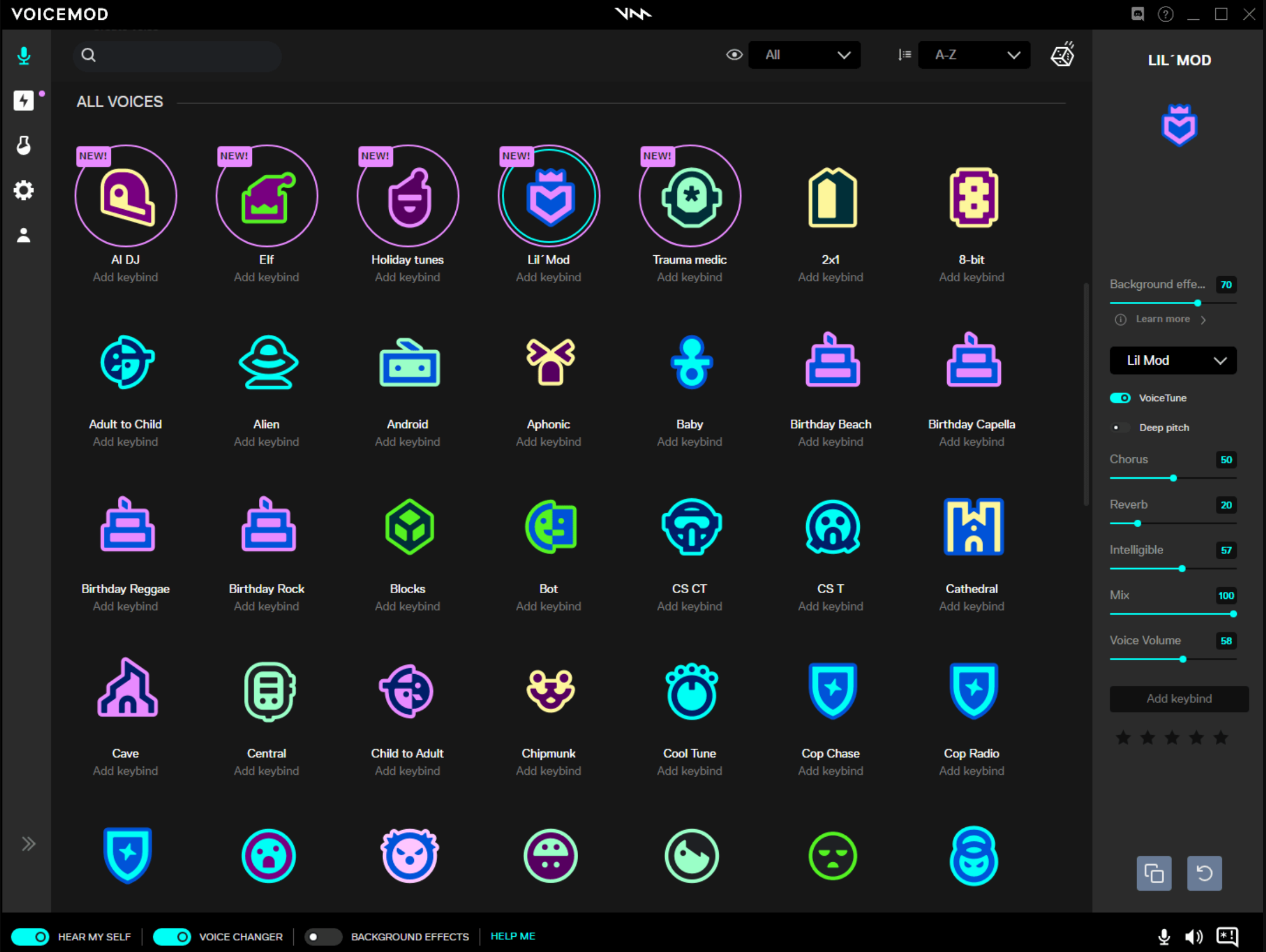 Interface of Voicemod - an easy to use voice changer for gaming
