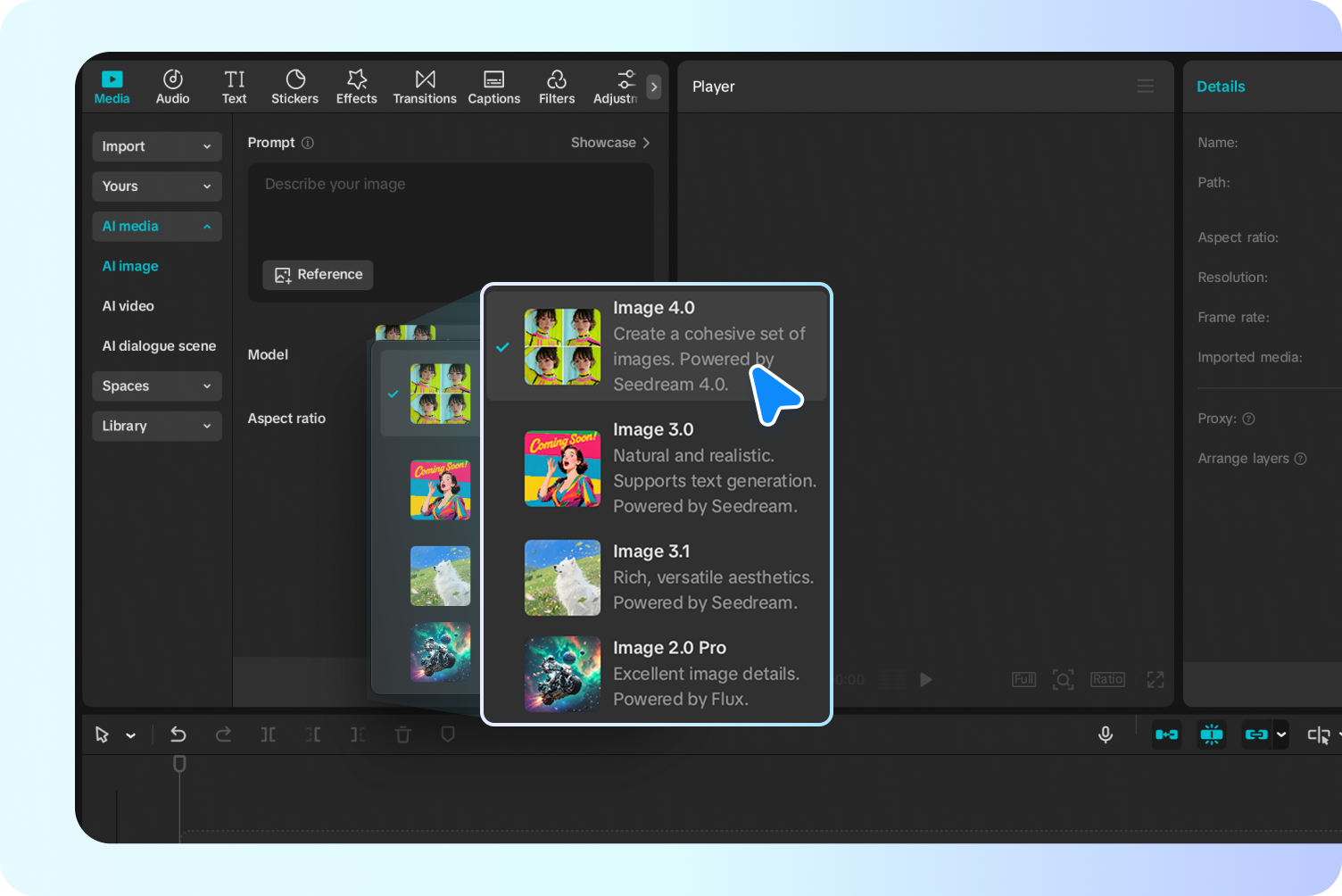 CapCut generator latar belakang AI gratis dengan model Seedream 4.0
