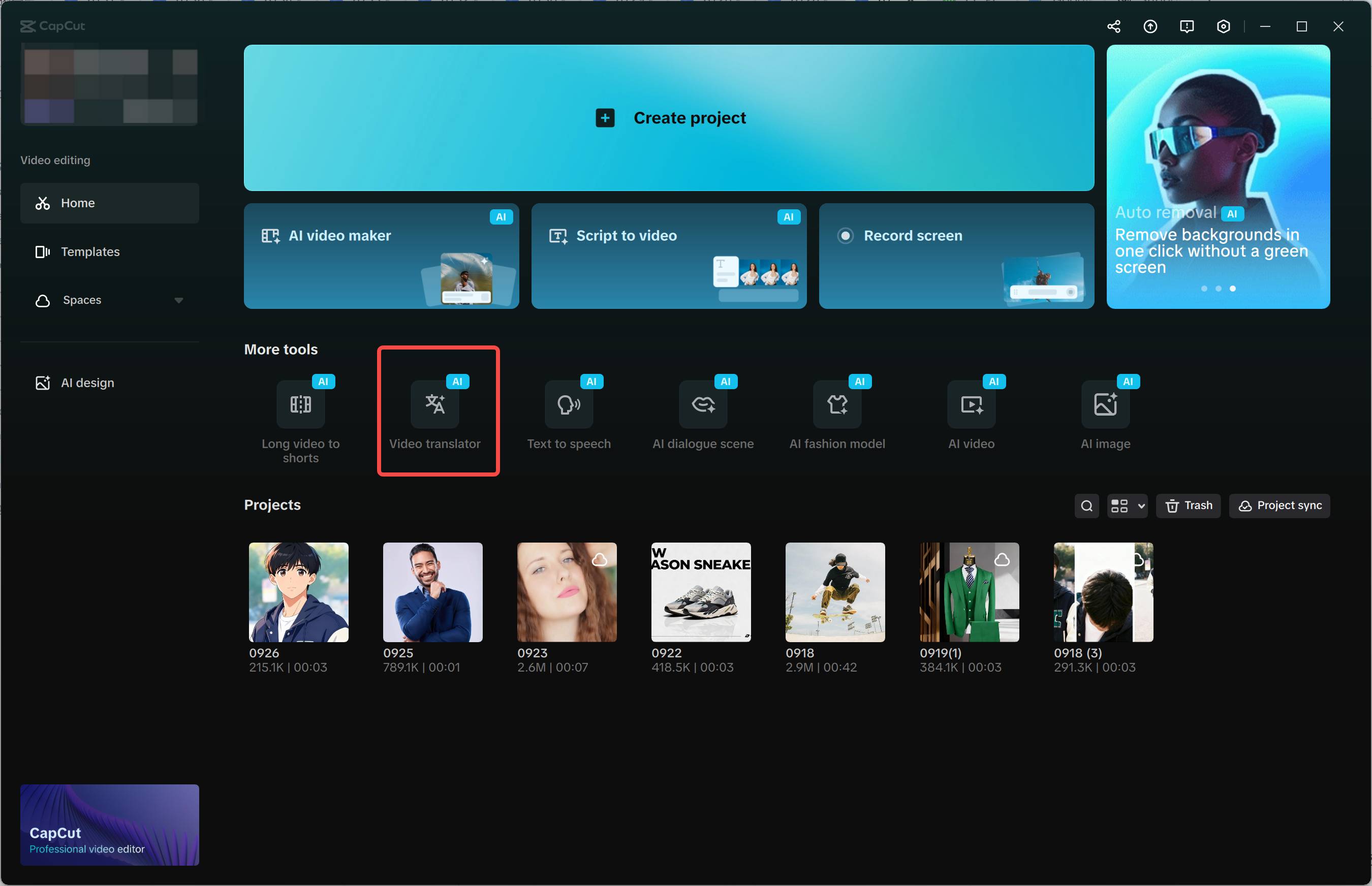 Opening the video translator in the CapCut desktop video editor