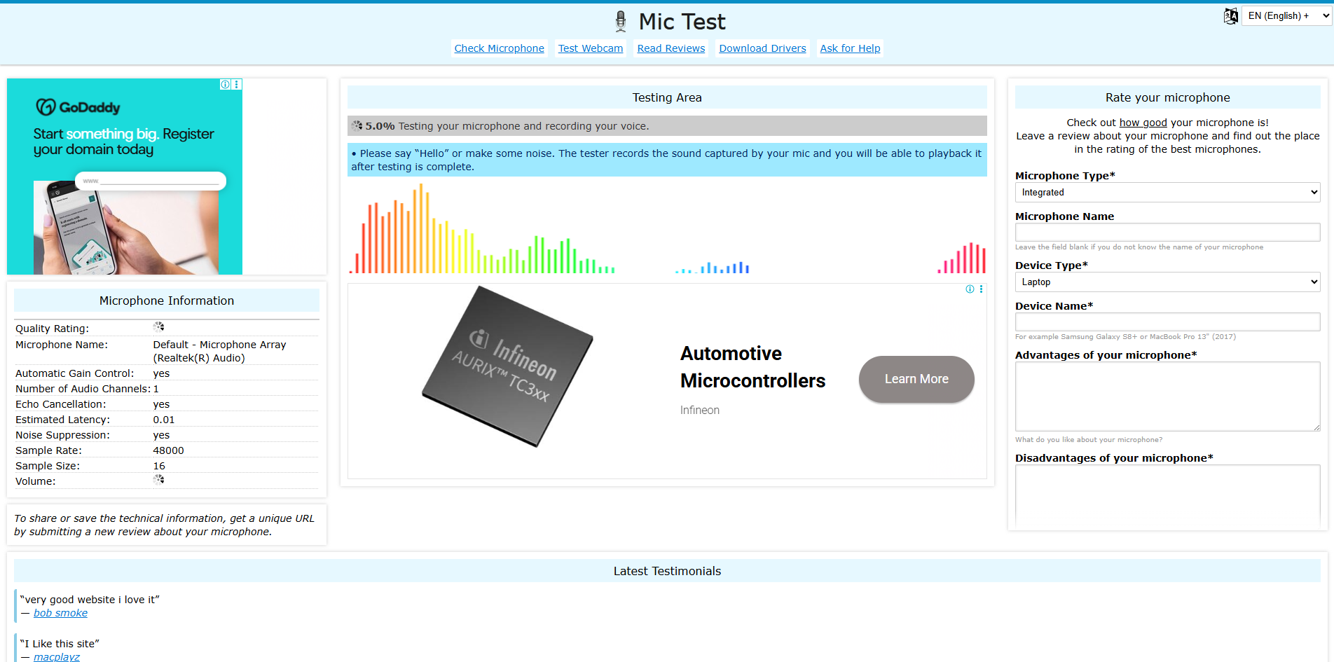 อินเทอร์เฟซของ Mic Test - ตัวทดสอบเสียงที่มีประสิทธิภาพสูง