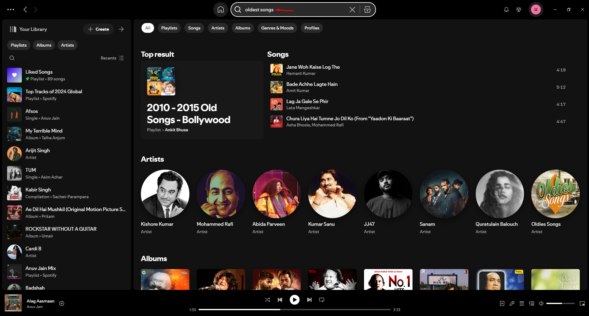 Digitando o nome da música mais antiga do Spotify na barra de pesquisa