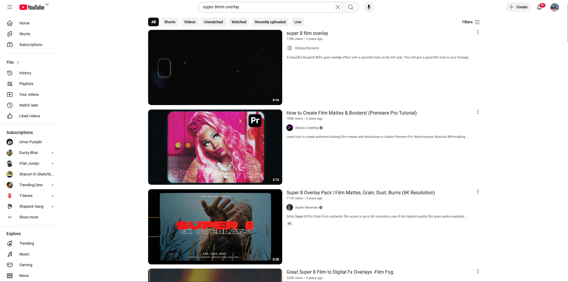 Interface of YouTube - the best place to find diverse Super 8 overlays
