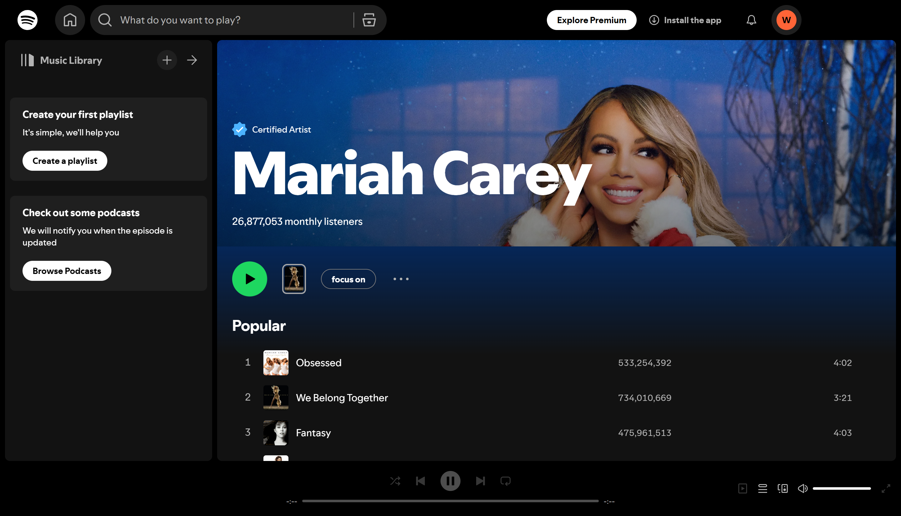 Mariah Carey - salah seorang artis wanita yang paling banyak distrim di Spotify