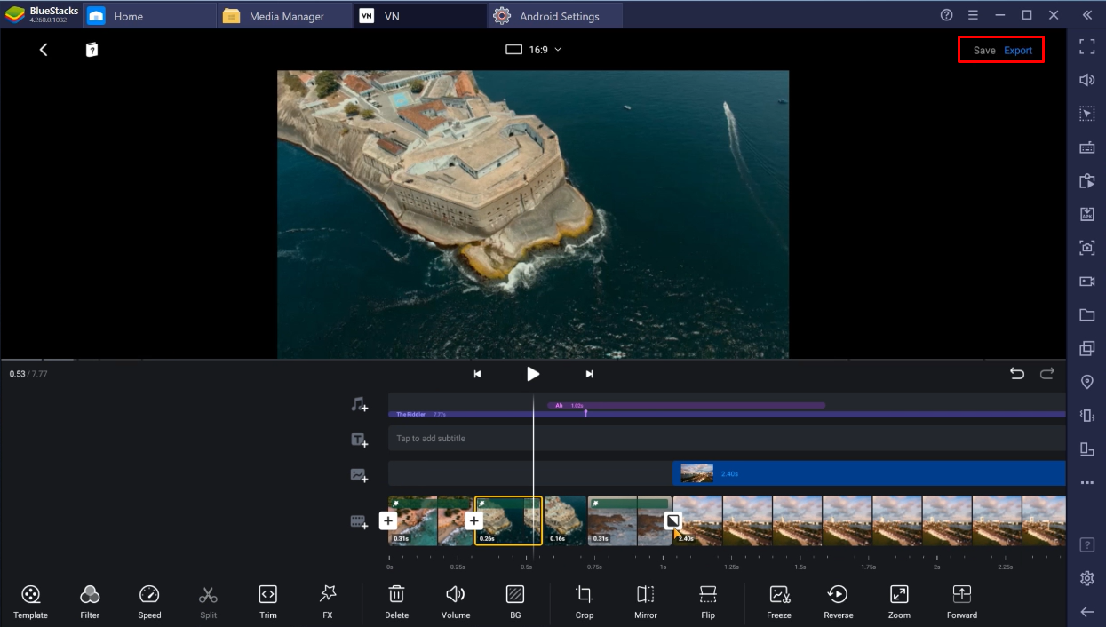 Exporting a video from the VN video editor