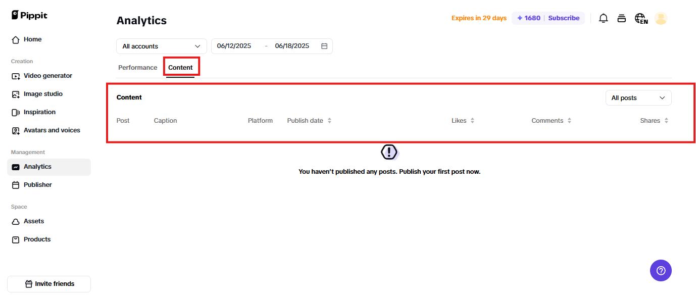 Content section to see your all published content