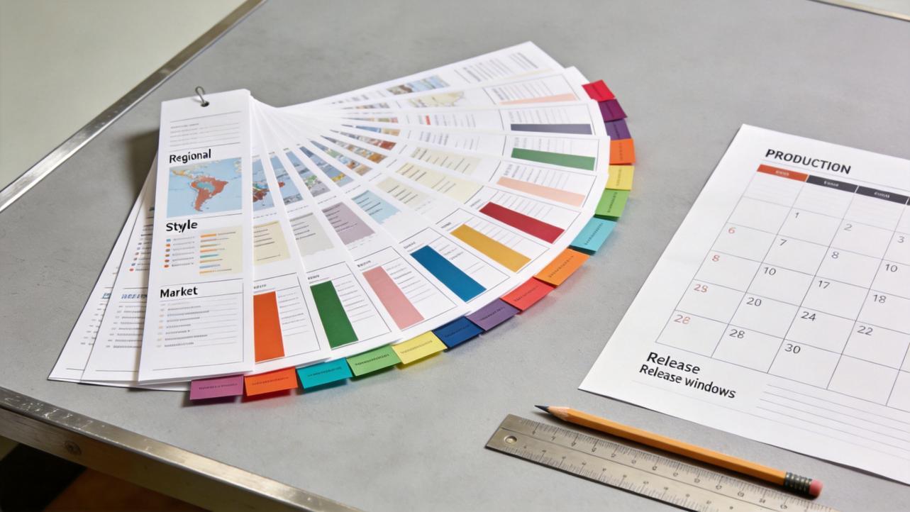 Color swatch fan, regional style sheets, and a production calendar on a desk