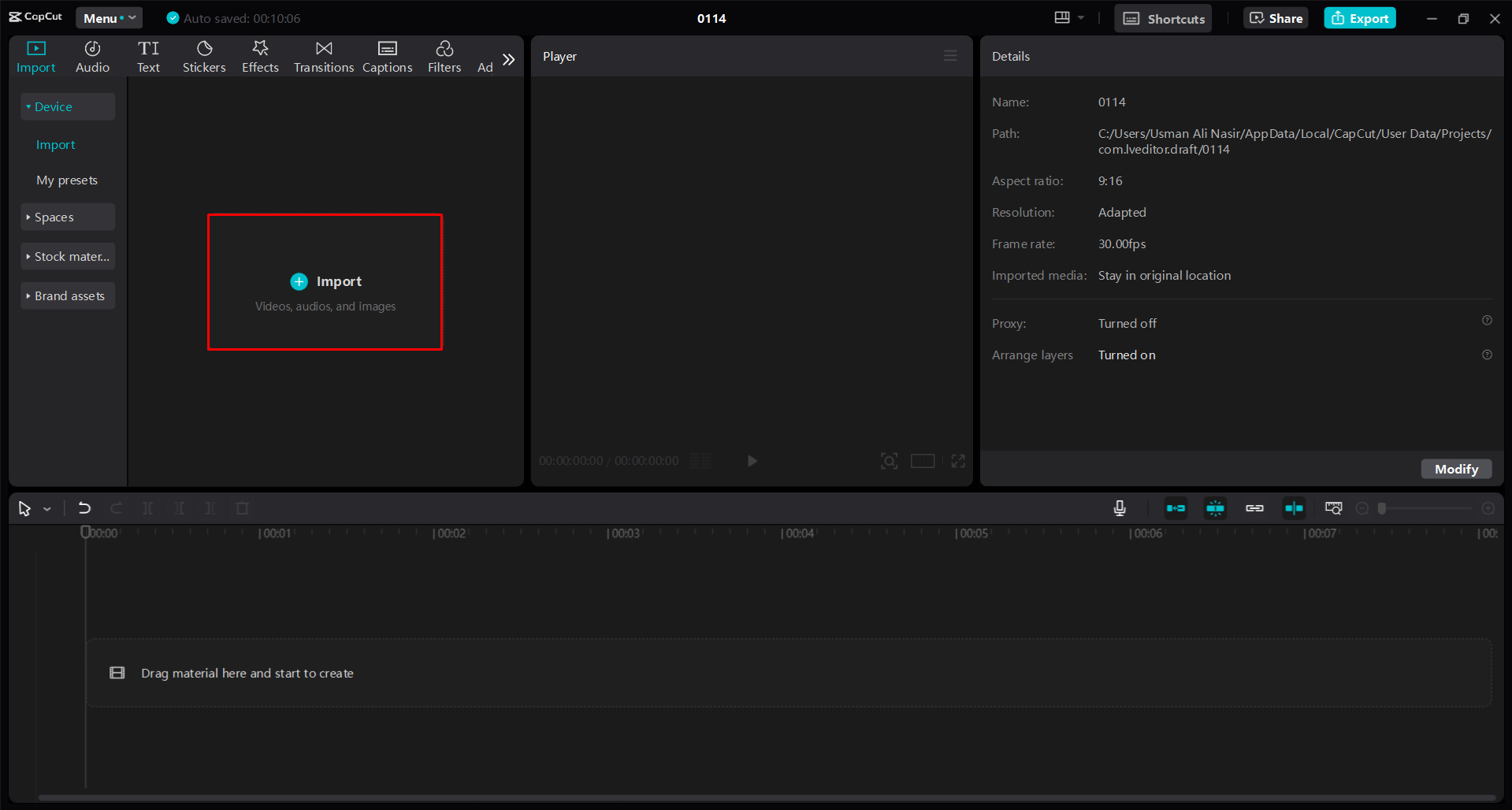 Importul unui videoclip în editorul video CapCut desktop