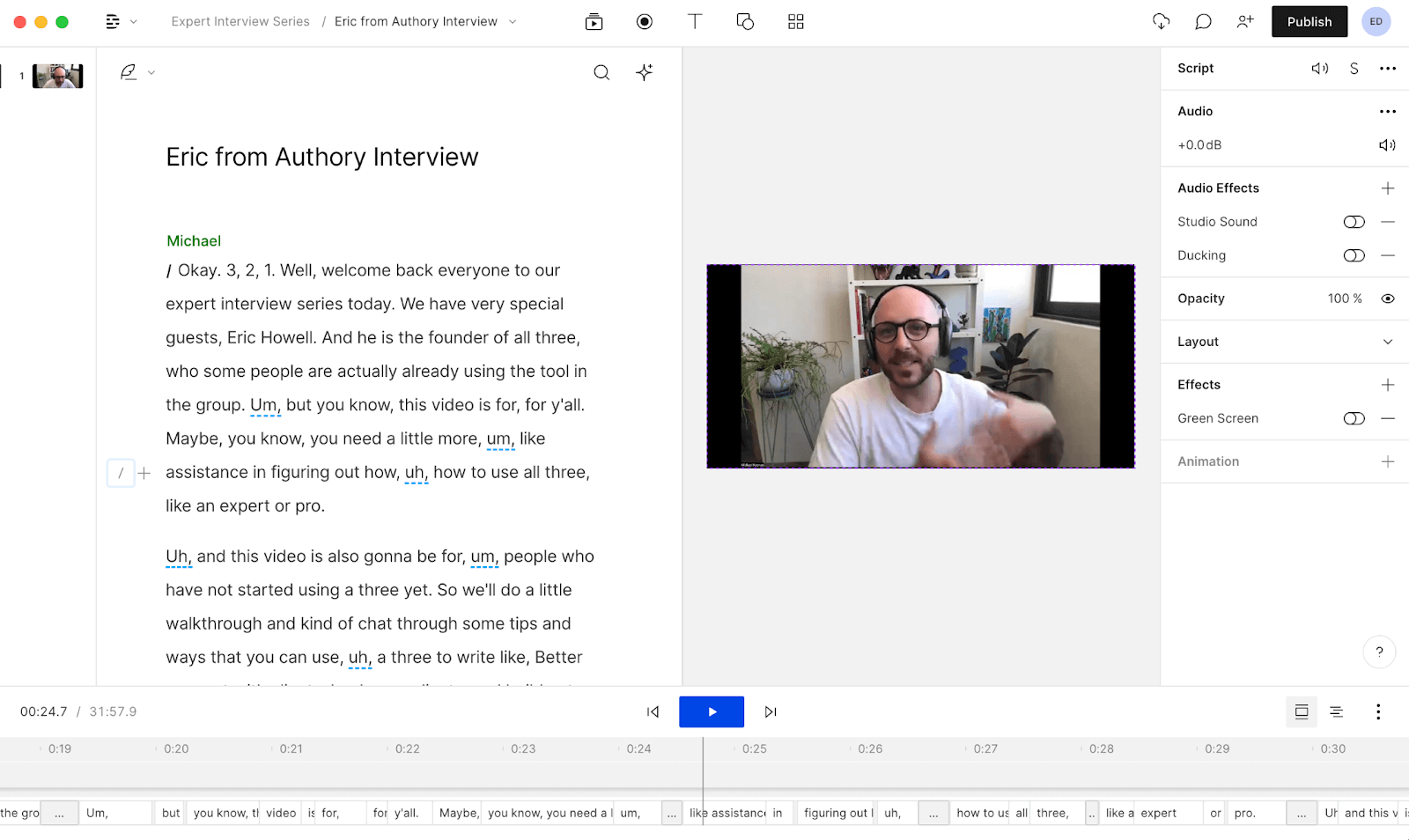 Interface do Descript - um conversor de áudio para texto online com ferramentas avançadas