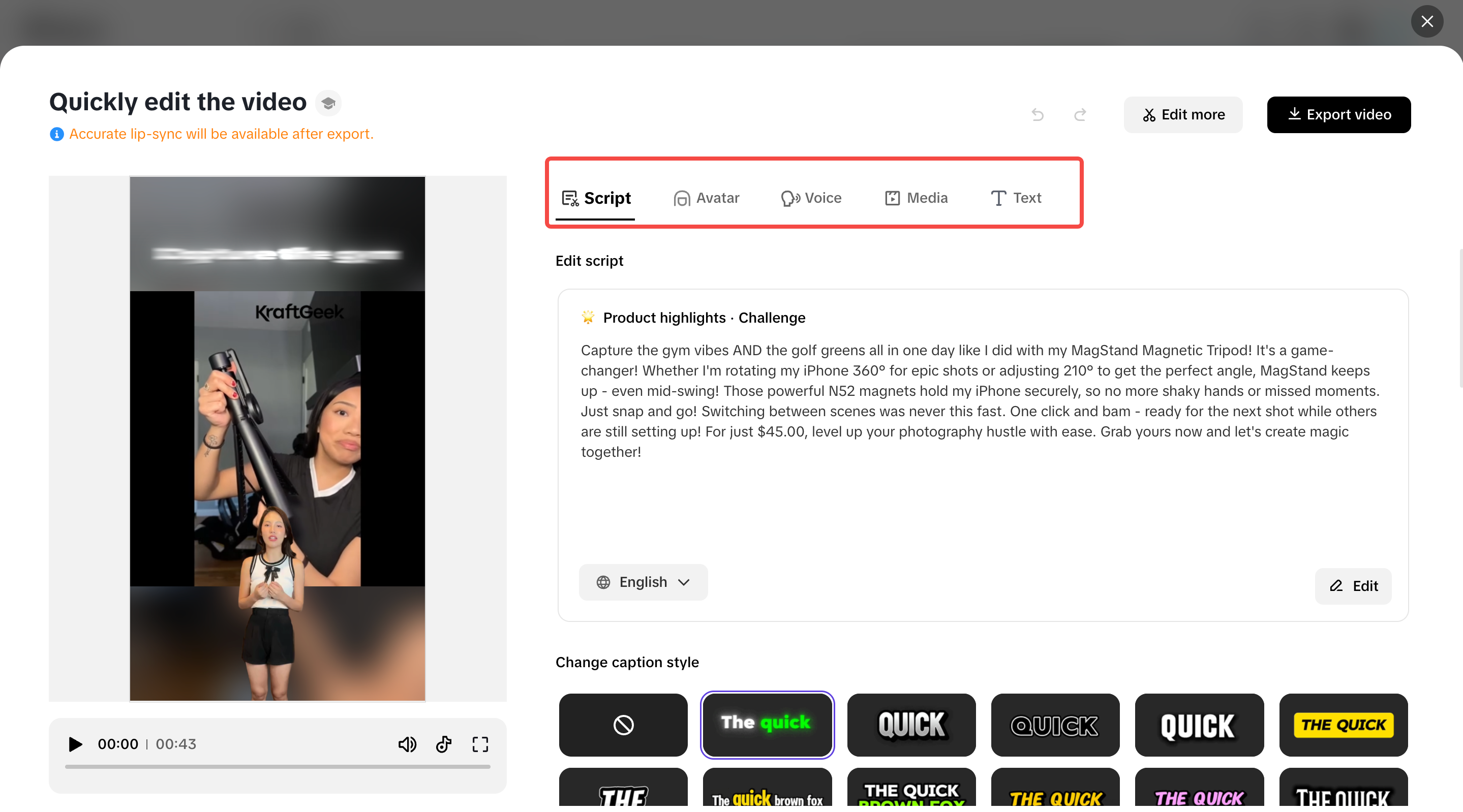 Modify script, avatar, voice, media and text