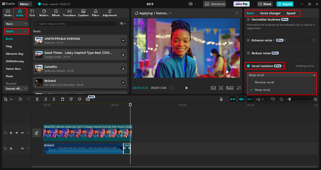 Menambahkan dan meningkatkan musik menggunakan CapCut editor video desktop