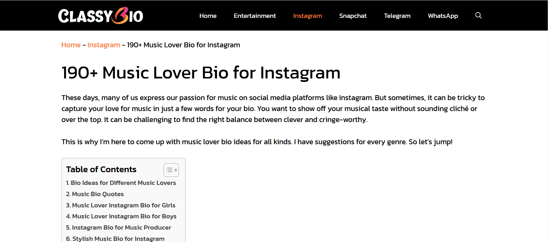 ClassyBio - an online source to access Instagram bios for musicians