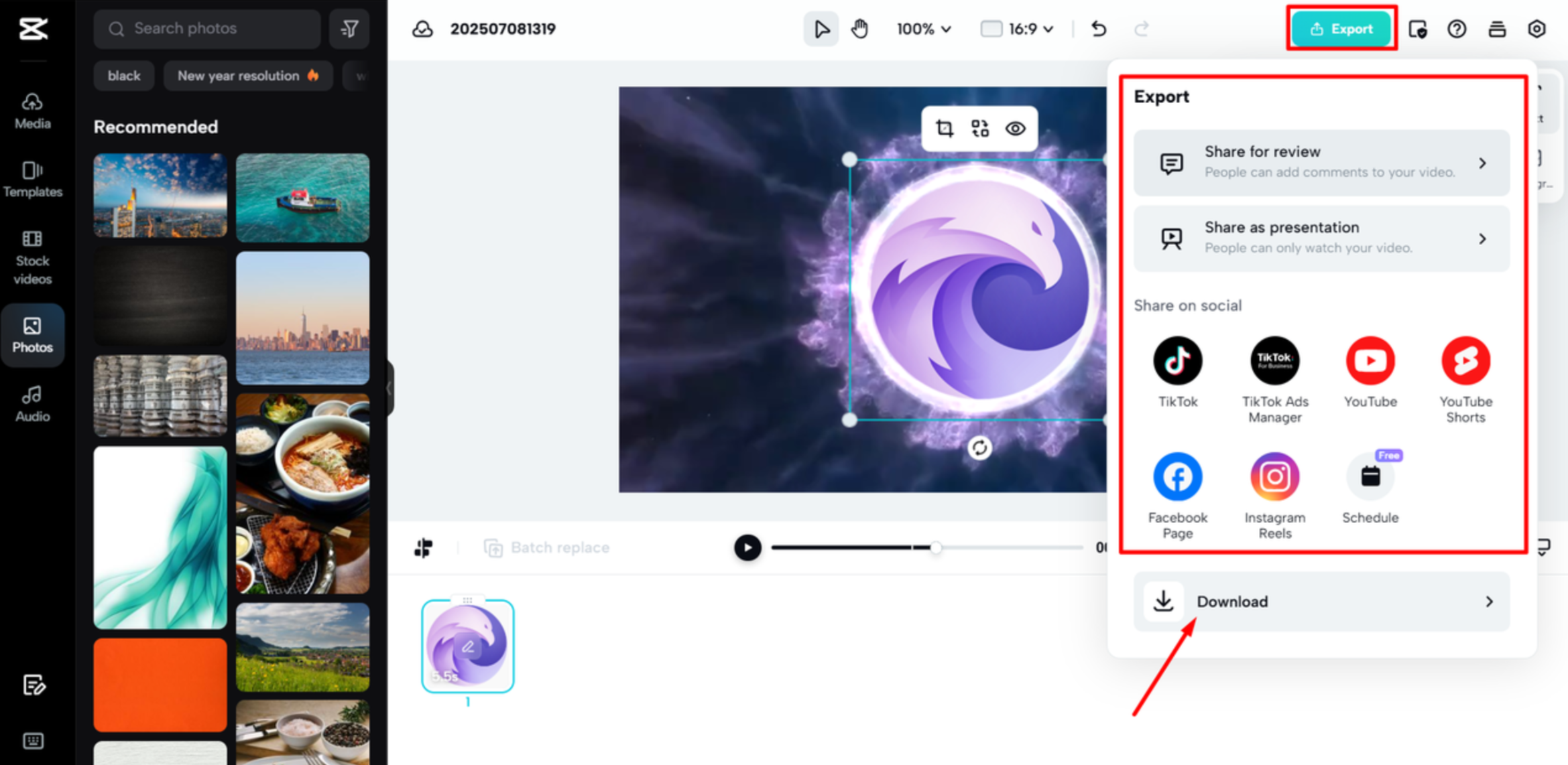 Exportar la animación final del logotipo desde CapCut Web