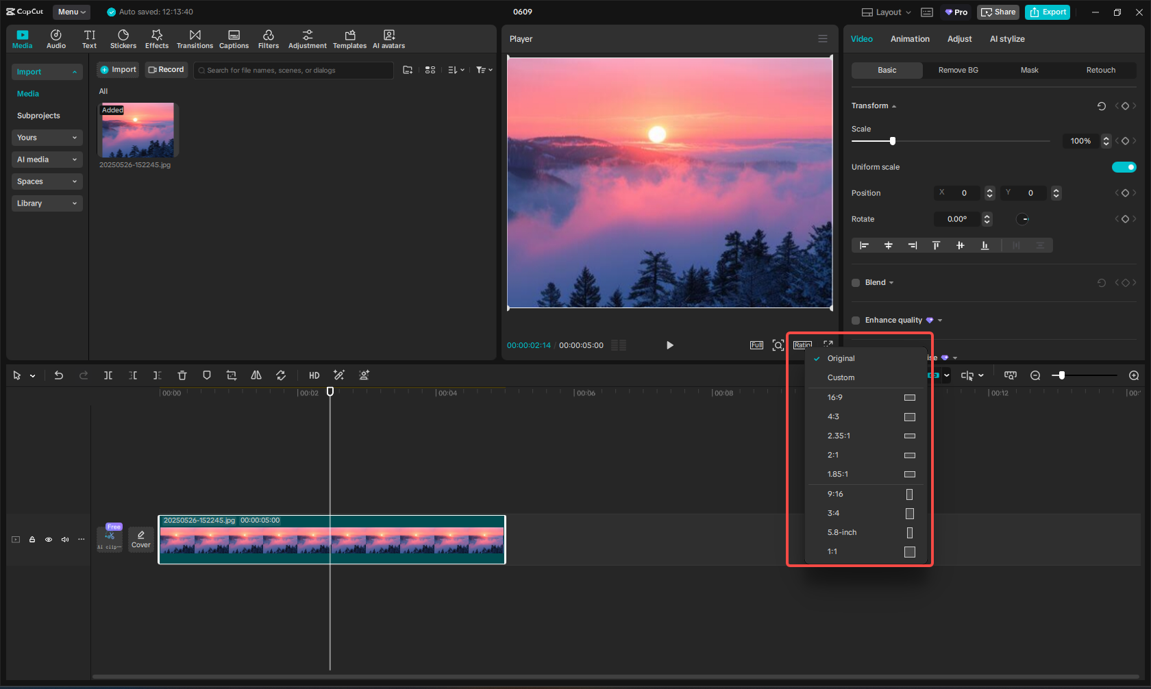 Usando la herramienta "Ratio" en CapCut