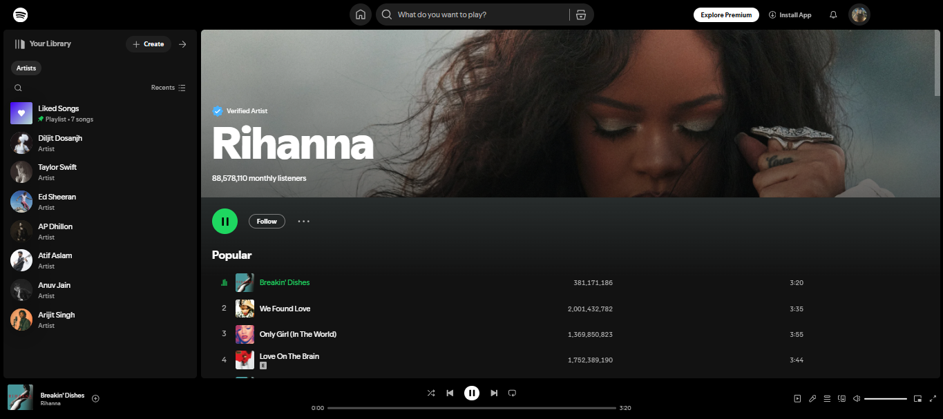 Rihanna – one of the top 100 most listened-to artists on Spotify