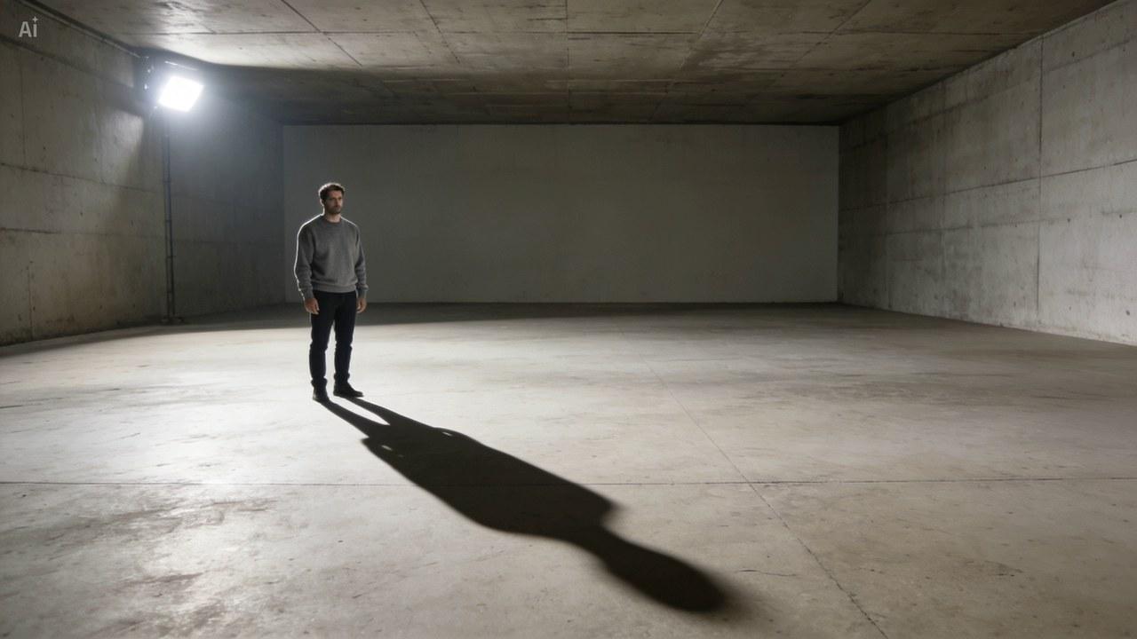 A man standing alone in a large empty concrete hall, lit by a single hard lamp high on the left, casting one long sharp shadow across the floor to his right.