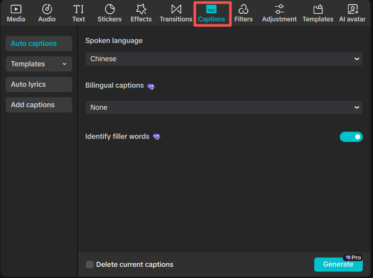Tocca "Didascalie" nel menu in alto su CapCut Desktop