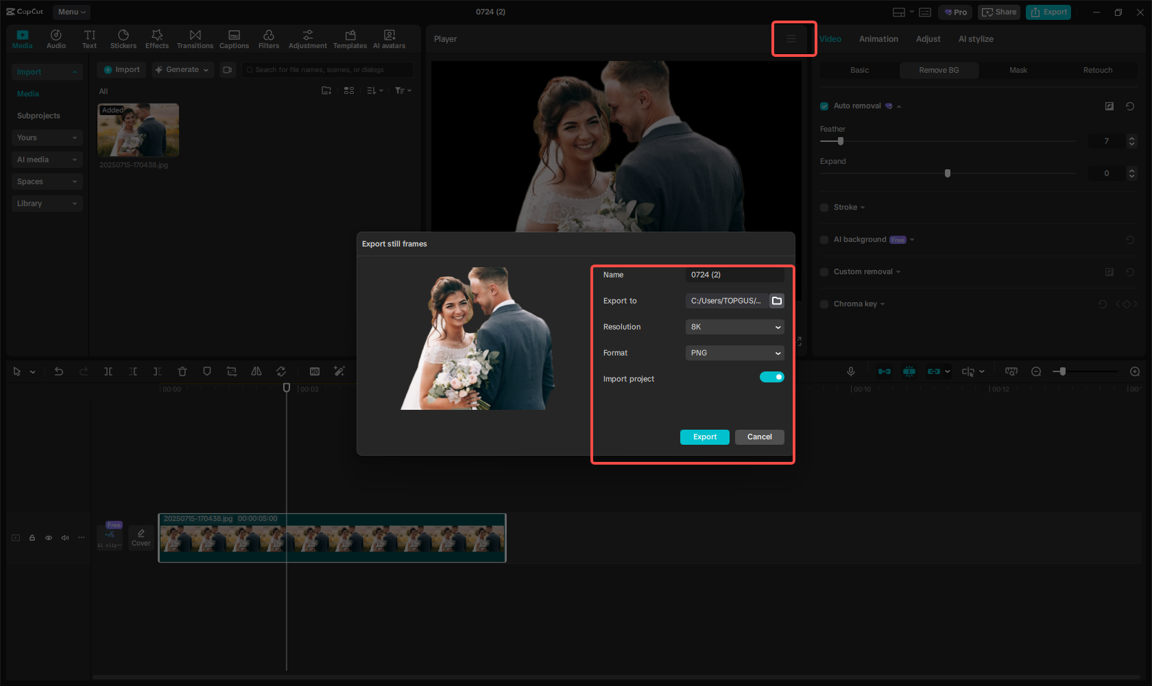 Exporting the image in CapCut