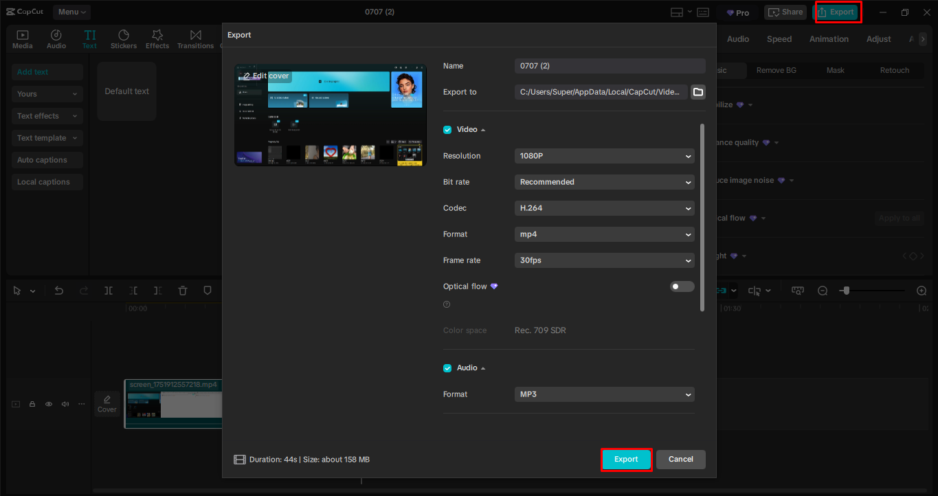 Exportando grabación de pantalla desde el editor de video de escritorio de CapCut