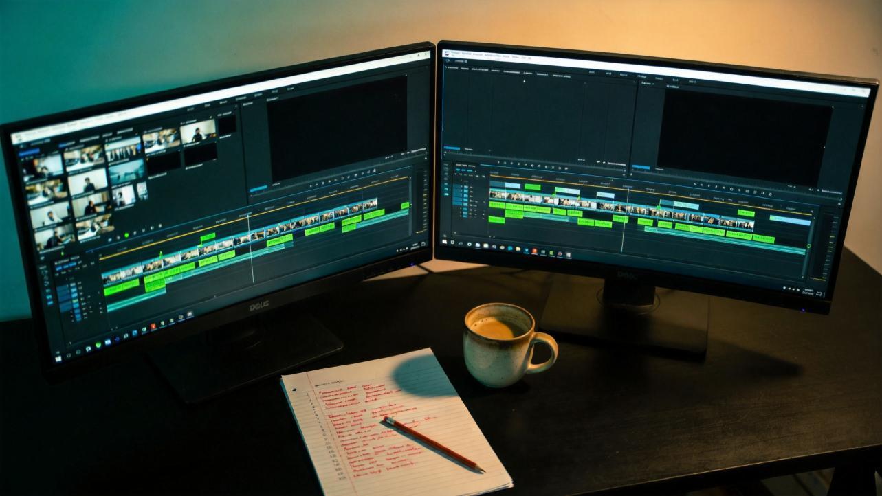 Dual monitors show a video editing timeline on a desk with notes, pen, and coffee mug