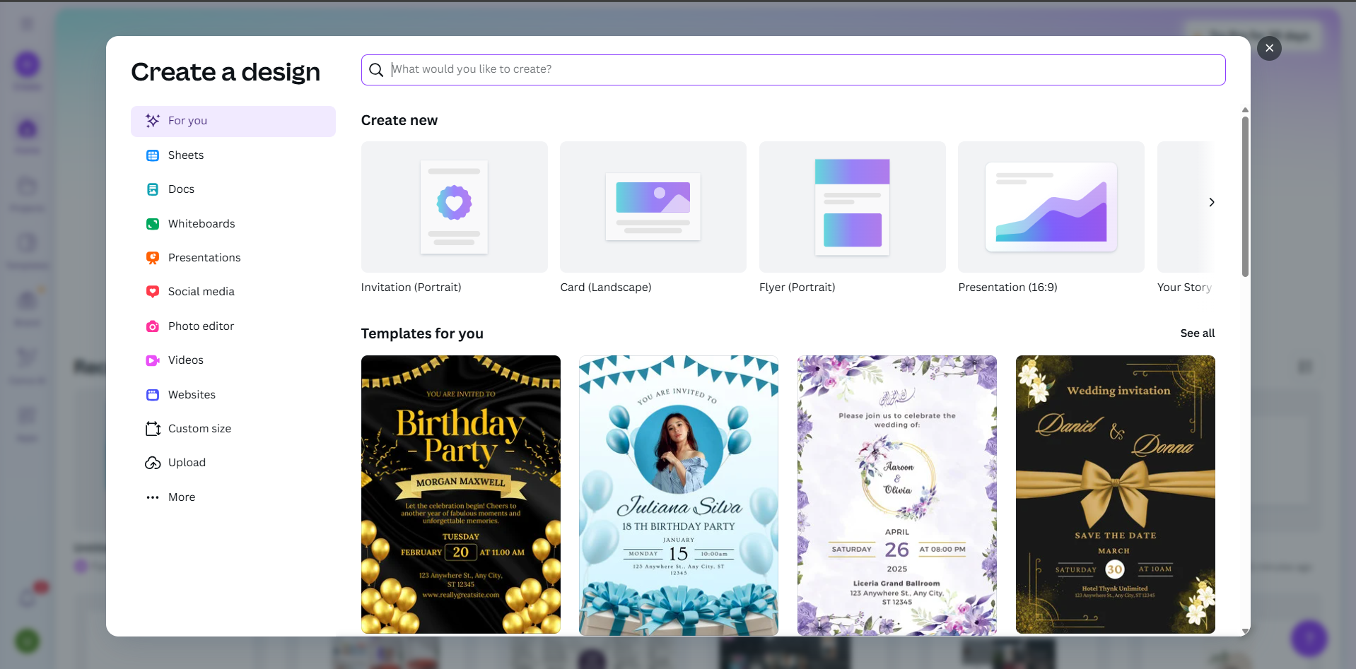 Canva'da yeni bir tasarıma başlamak.
