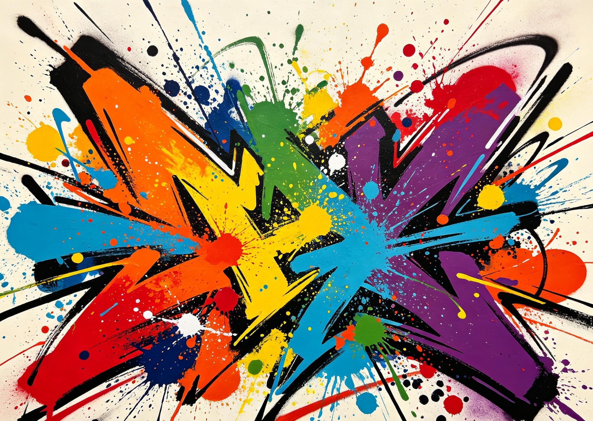 Generate an abstract graffiti artwork using colorful spray paint splashes and dynamic shapes