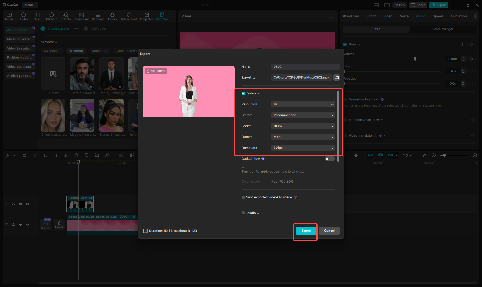 Exporting the avatar video in CapCut