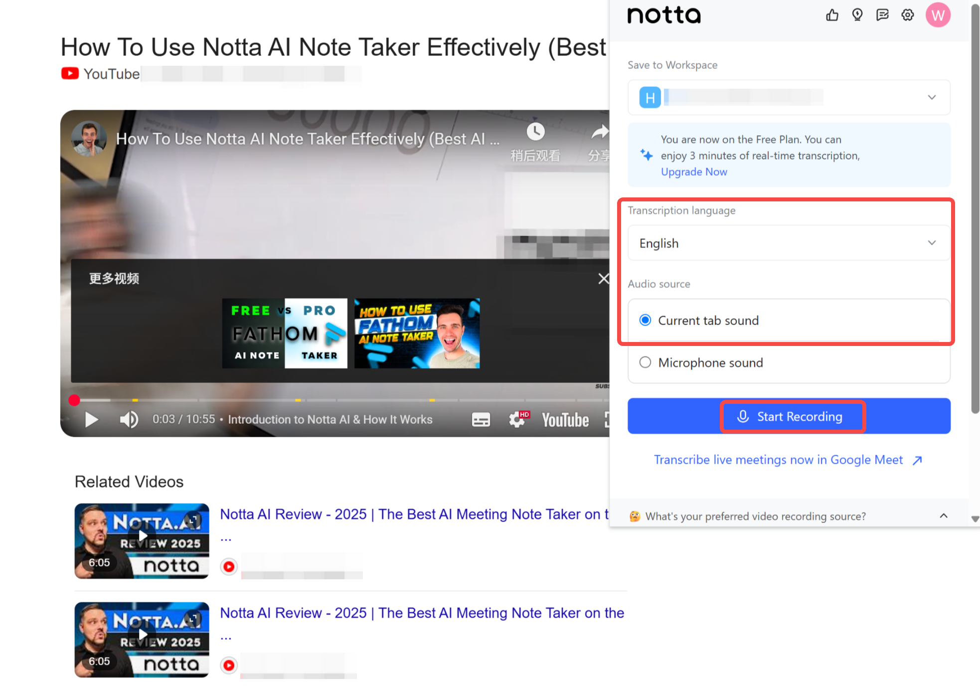 Mostrando como transcrever vídeo do YouTube em texto com Notta