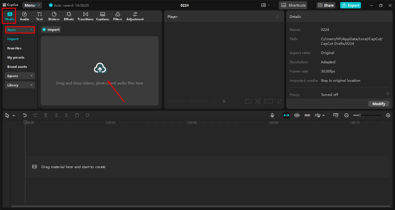 Caricamento dell'audio nell' CapCut editor video desktop