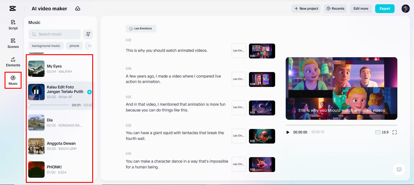Adicionando música de fundo a um vídeo animado no criador de IA vídeo do CapCut