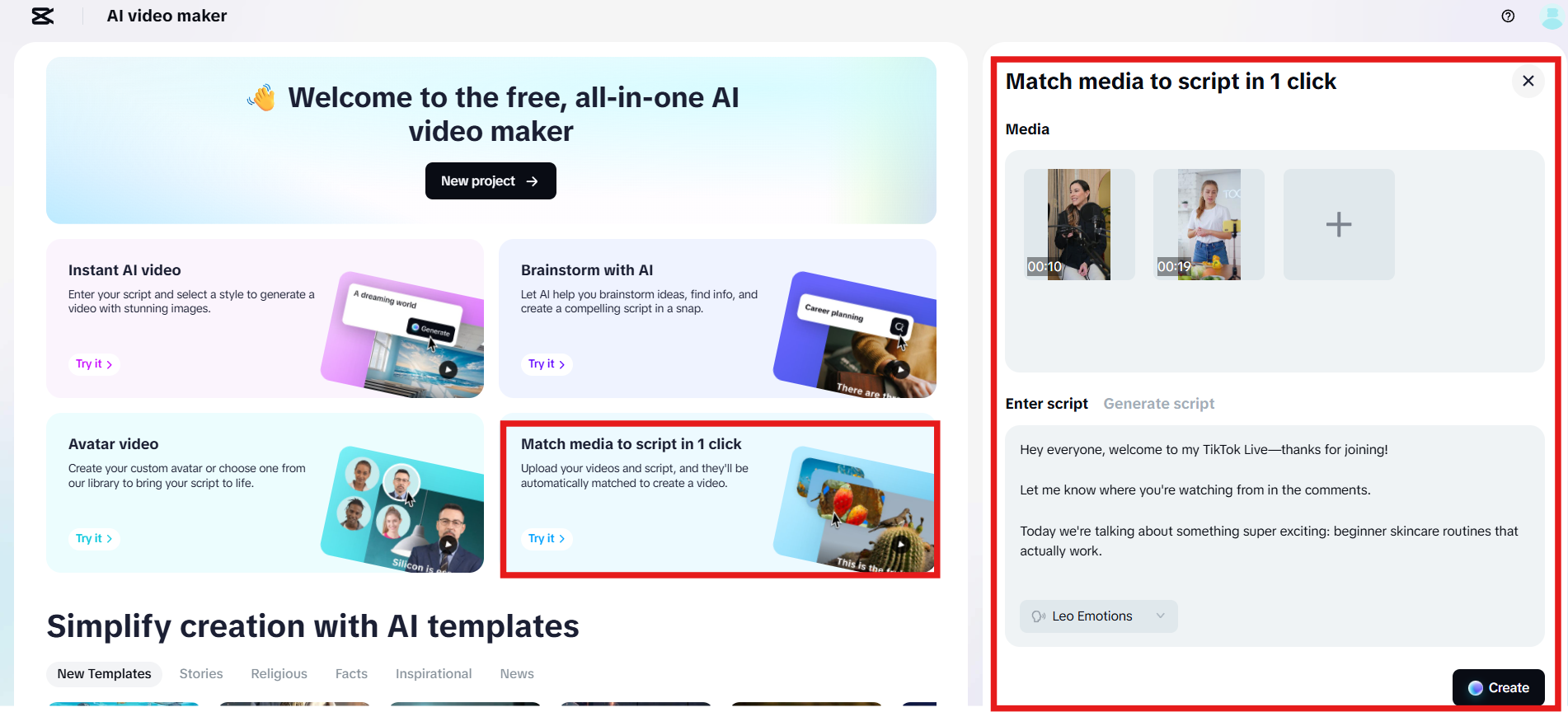 Access Match media to script in 1 click feature