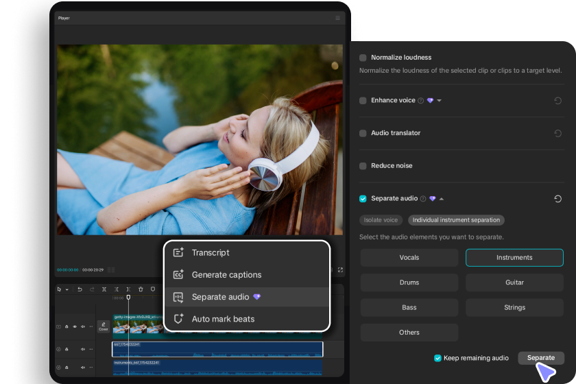 Wyodrębnianie dźwięku instrumentalnego za pomocą CapCut's AI remover
