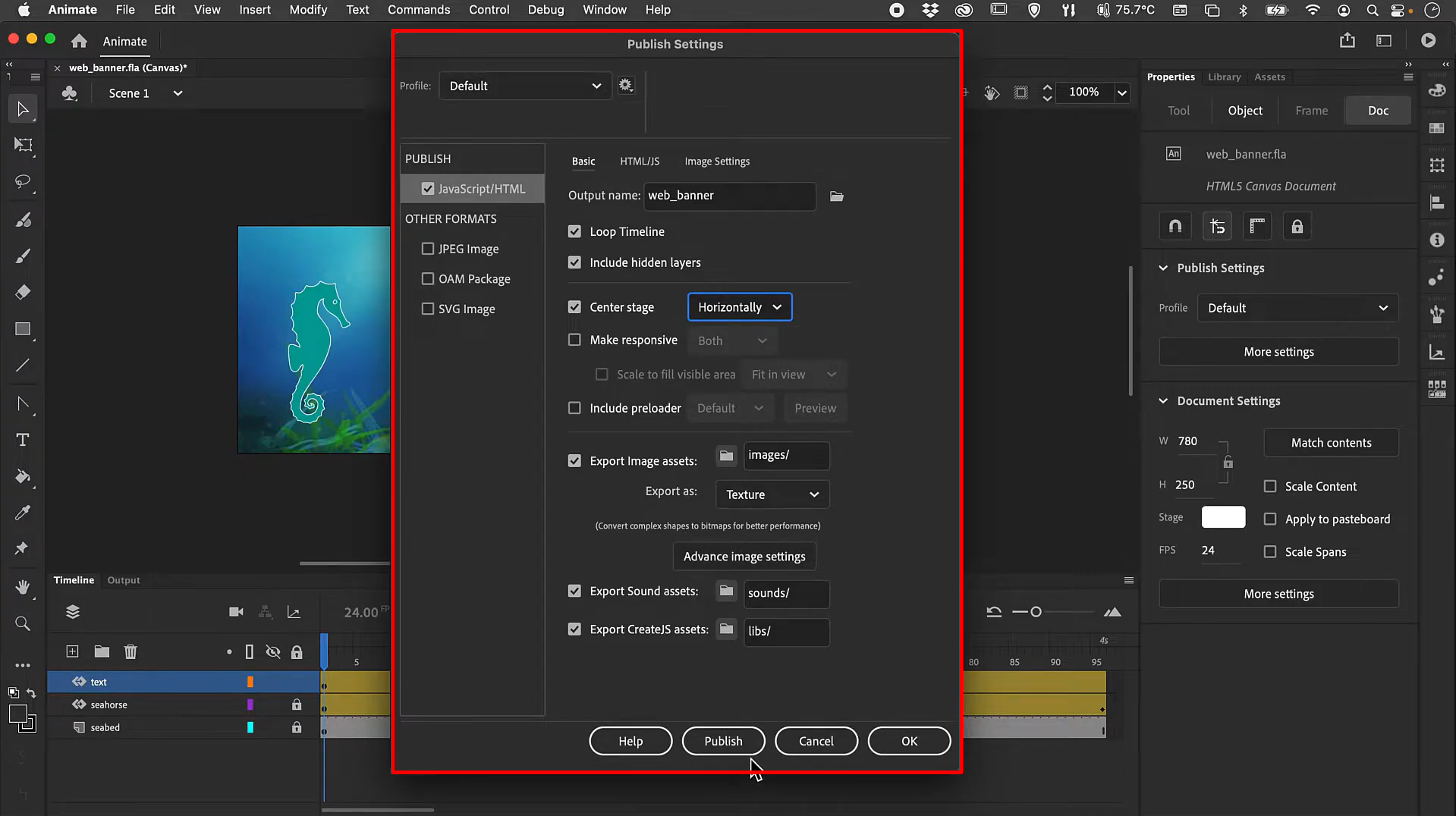 Regolazione delle impostazioni prima di pubblicare l'animazione da Adobe Animate