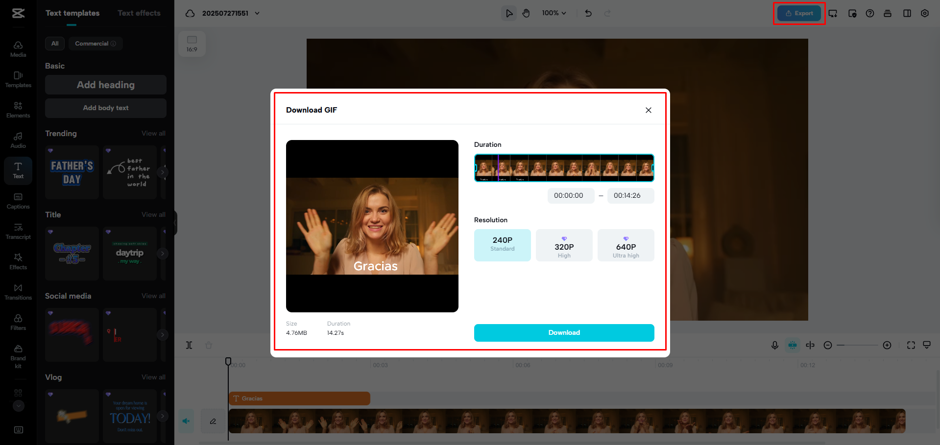 การส่งออกวิดีโอเป็น GIF จาก CapCut Web