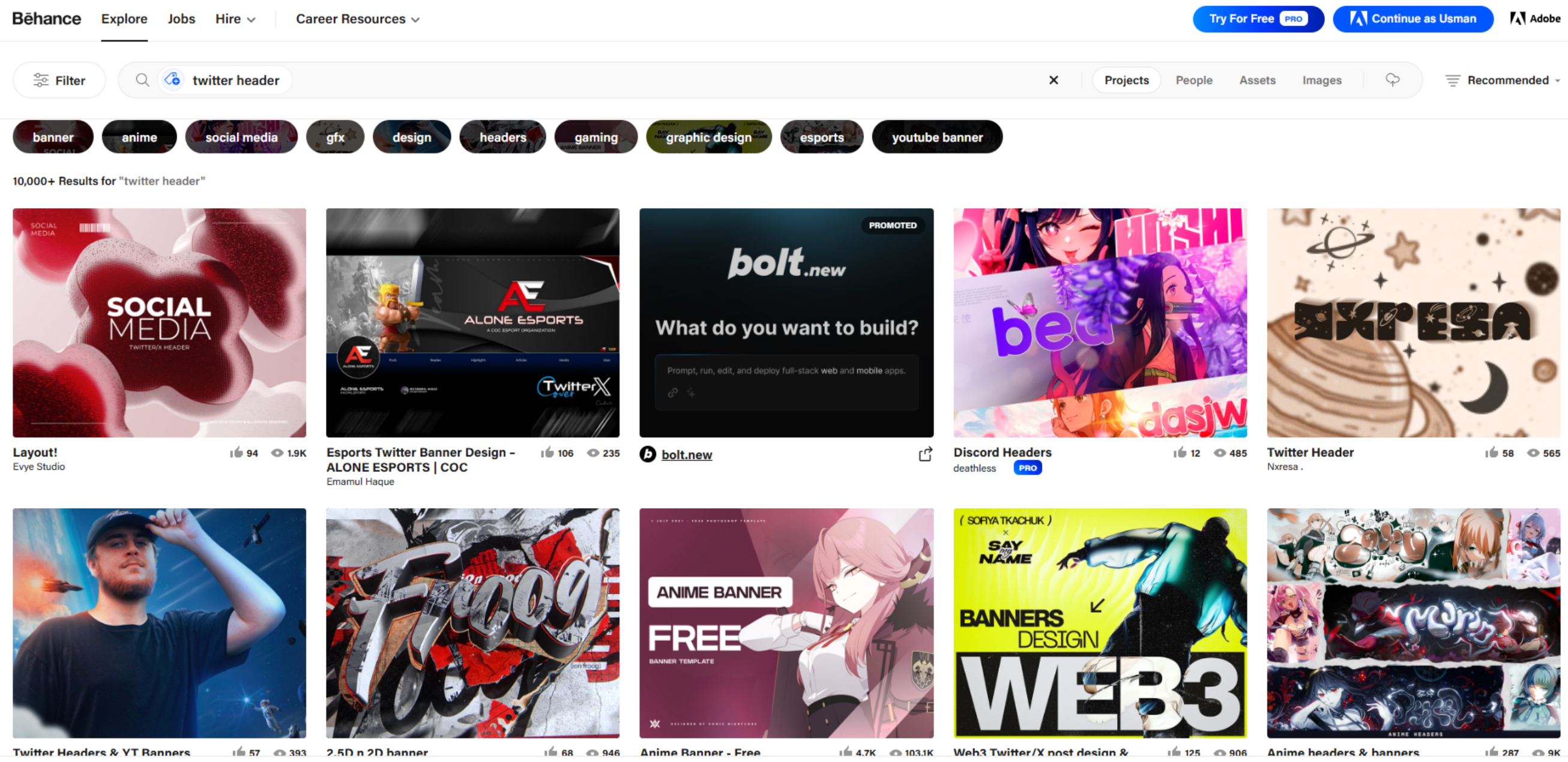 Interface of Behance - a site with diverse and aesthetic Twitter headers