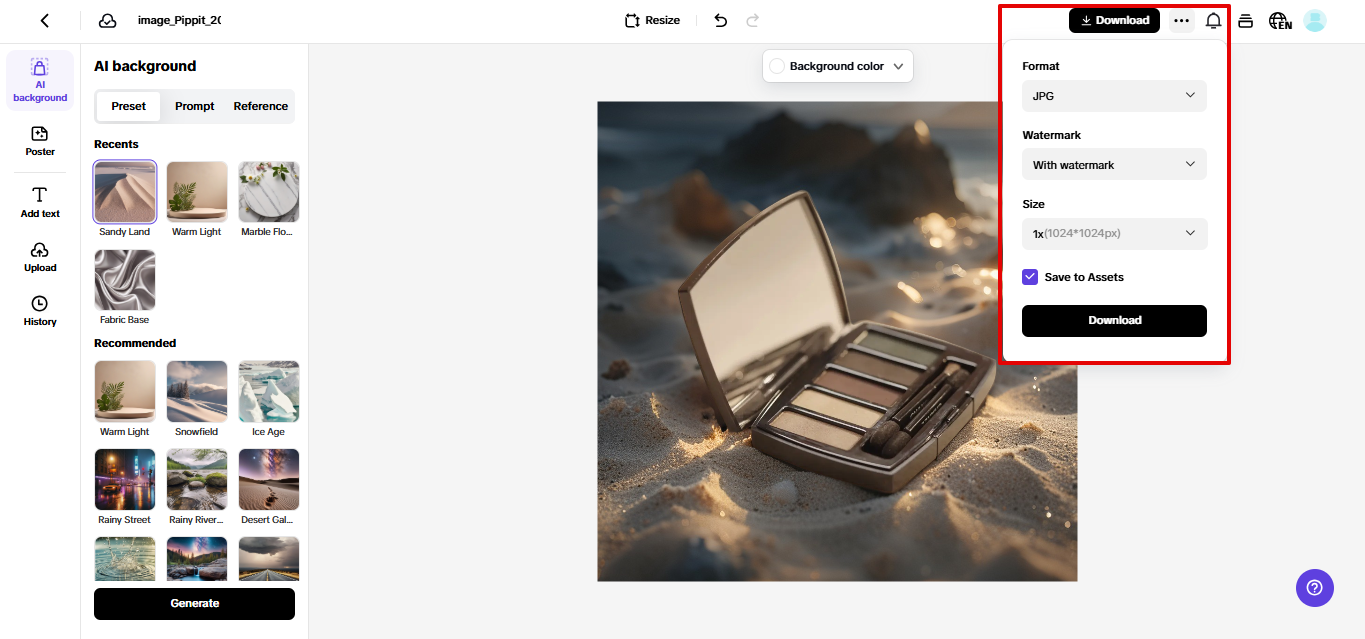Exporting image from Pippit