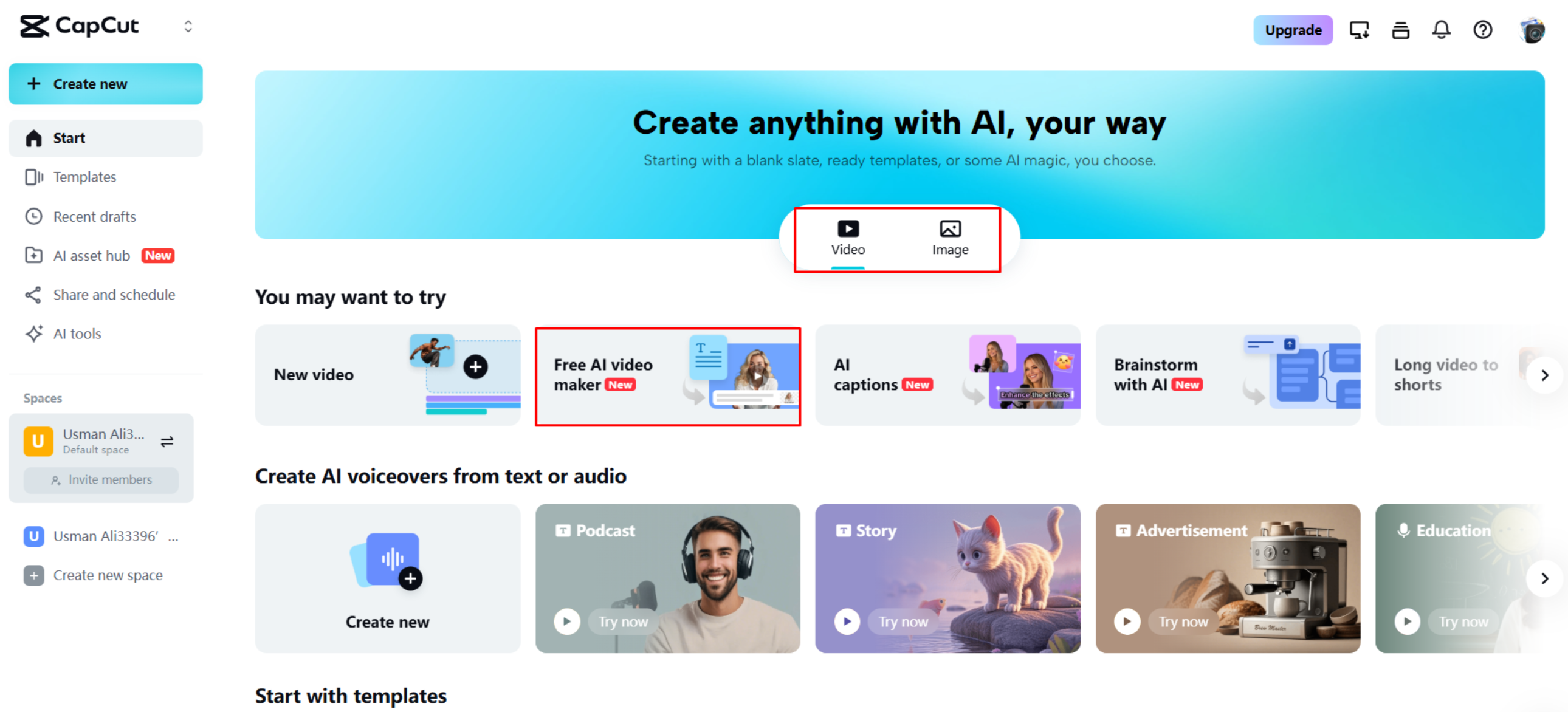 Открытие AI-видеомейкера в CapCut Web