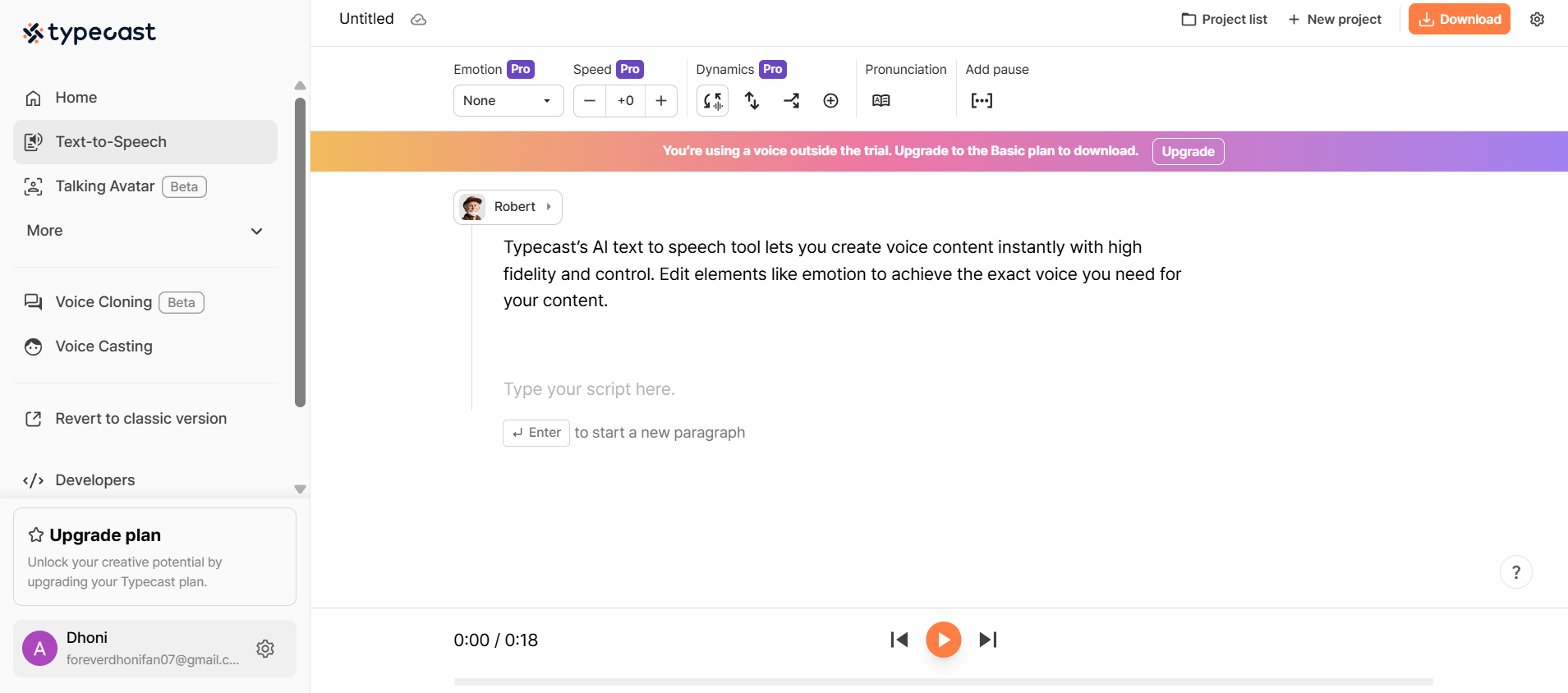 Strumento da testo a voce di Tipecast AI