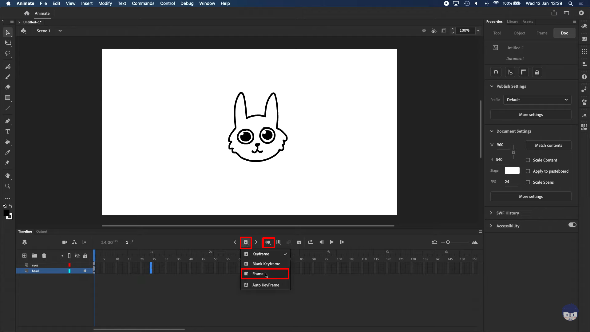Accesso alla funzione frame in Adobe Animate