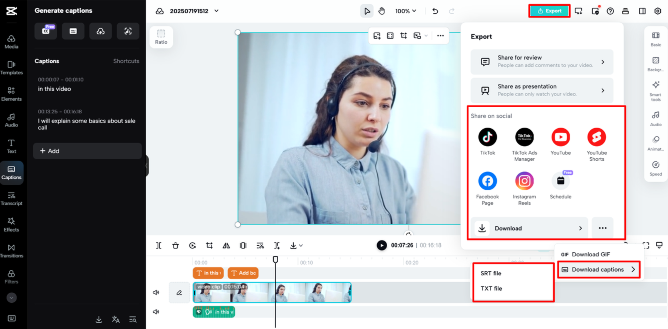 Exporting video from the CapCut Web