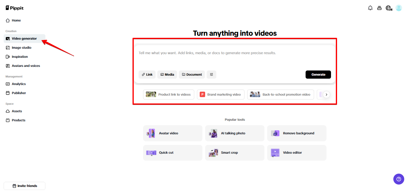 Video generator in Pippit