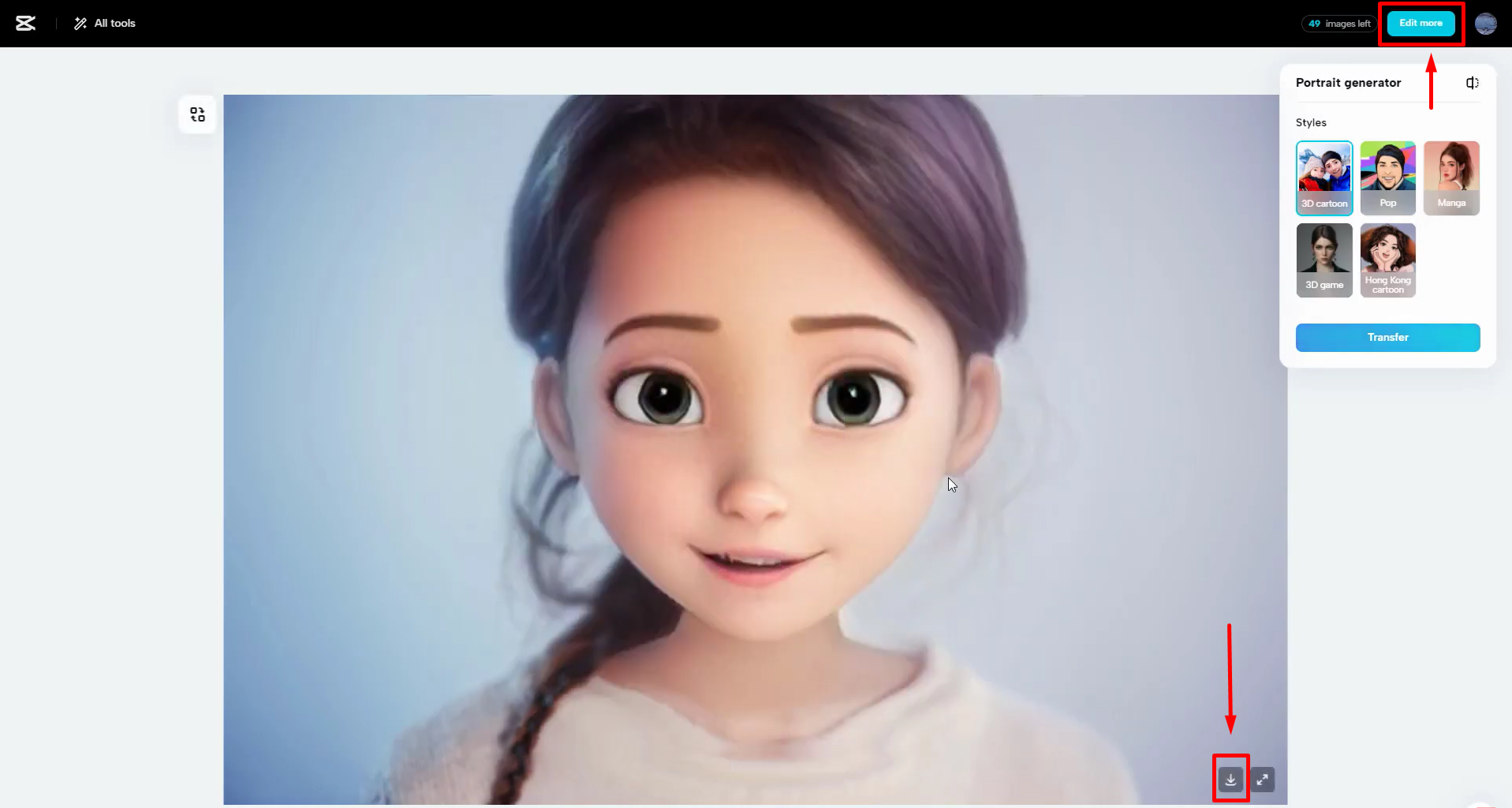 Oluşturulan portre indiriliyor